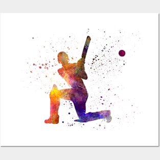 Cricket player batsman silhouette in watercolor Posters and Art